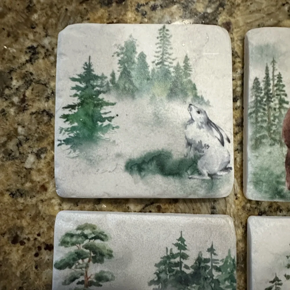 Vintage Forest Wildlife Ceramic Coaster Set - Bear, Elk, Fox, Rabbit